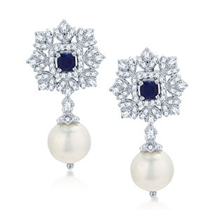 Adawna Silver & Swarovski White Pearl Danglings with Blue Centre Stone